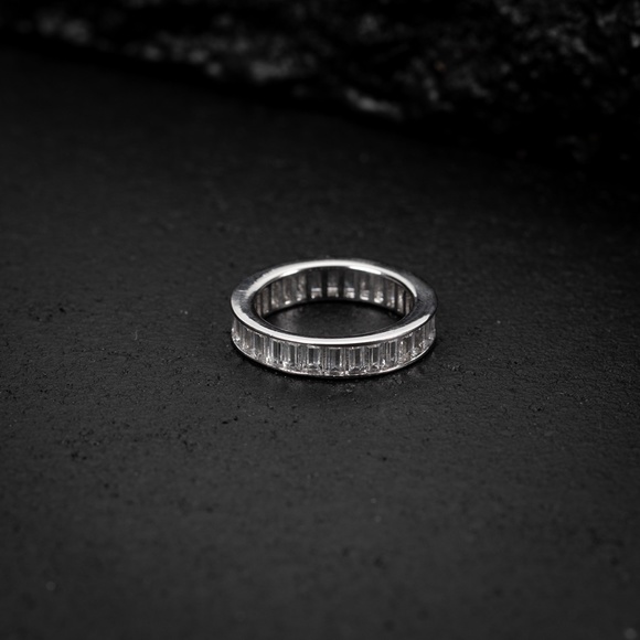 Mens Iced Channel Set Cz Baguette White Gold Plated Eternity Band Statement Ring - Picture 4 of 5